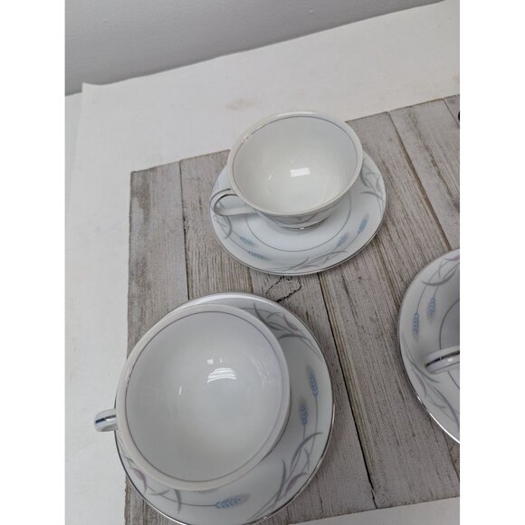 Vintage Valmont Royal Wheat Platinum Trim Set of 4 Saucers Teapcups - Picture 2 of 11